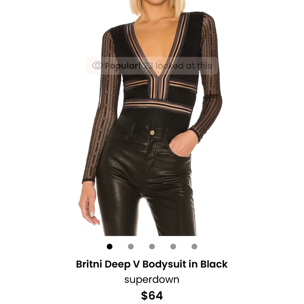 superdown Britni Deep V Bodysuit in Black with Metallic Trim